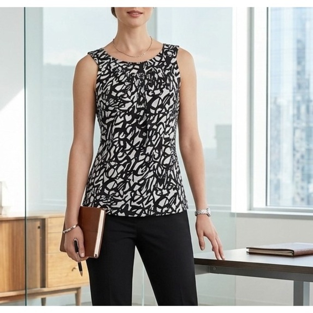 Calvin Klein M Black White Abstract Scribble Pleat Neck Sleeveless Top Career